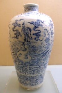 Wine container depicting Eight Immortals Crossing the Sea, China, Ming dynasty, Chenghua period to Hongzhi period, 1465-1505 AD, blue and white glaze - Sichuan Provincial Museum - Chengdu, China - DSC04122