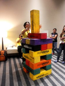 Wikimania 2015-Wednesday-Volunteers play Weasel-Jenga (4)