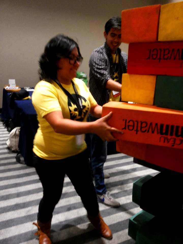 Wikimania 2015-Wednesday-Volunteers play Weasel-Jenga (23)