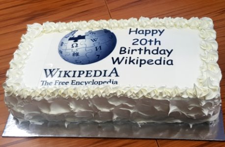 Wikipedia 20th Birthday Cake3 at Wikipedia Conference Hokitika 2021 (cropped)