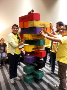 Wikimania 2015-Wednesday-Volunteers play Weasel-Jenga (27)
