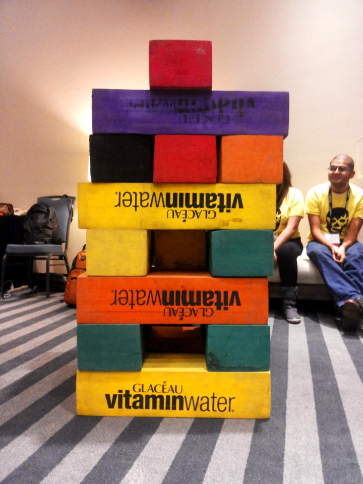 Wikimania 2015-Wednesday-Volunteers play Weasel-Jenga (3)