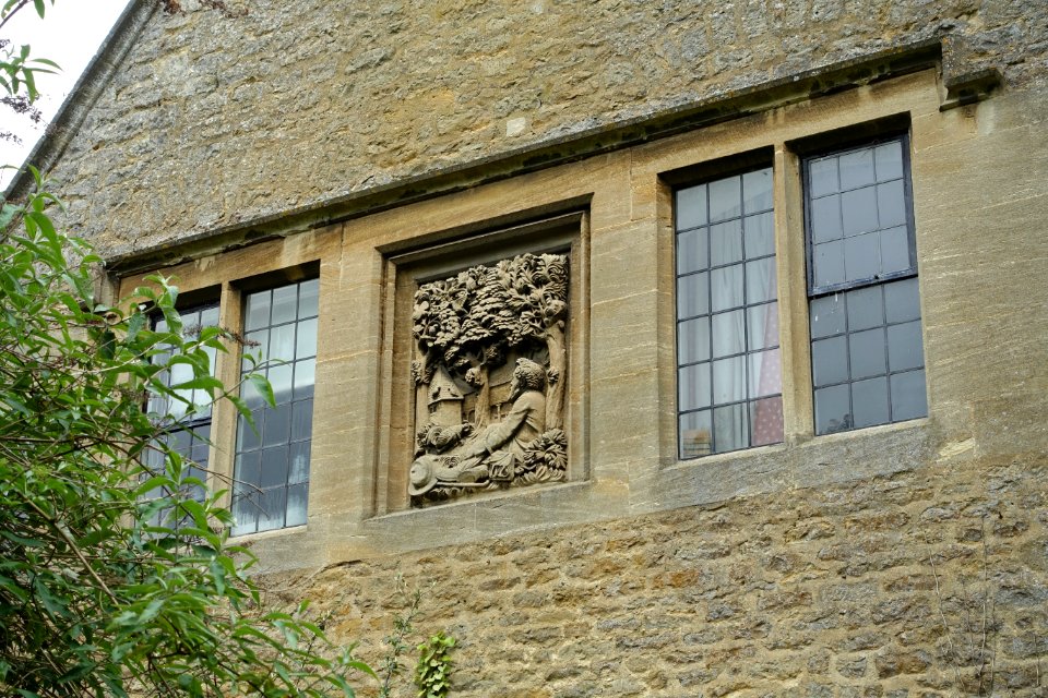William Morris Memorial Cottage, with relief of Morris by George Jack, view 2 - Kelmscott, Oxfordshire, England - DSC09933