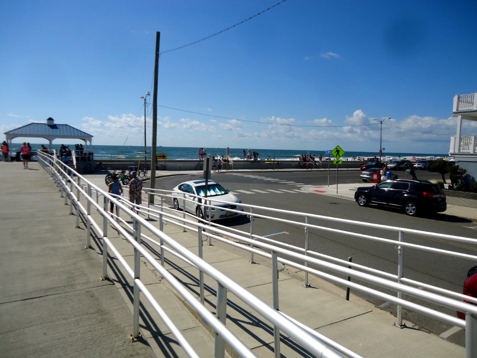 Wildwood New Jersey beach view with motels and blue sky