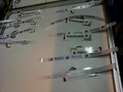 Wikimania 2015-Thursday-Stickers and wristbands for participants