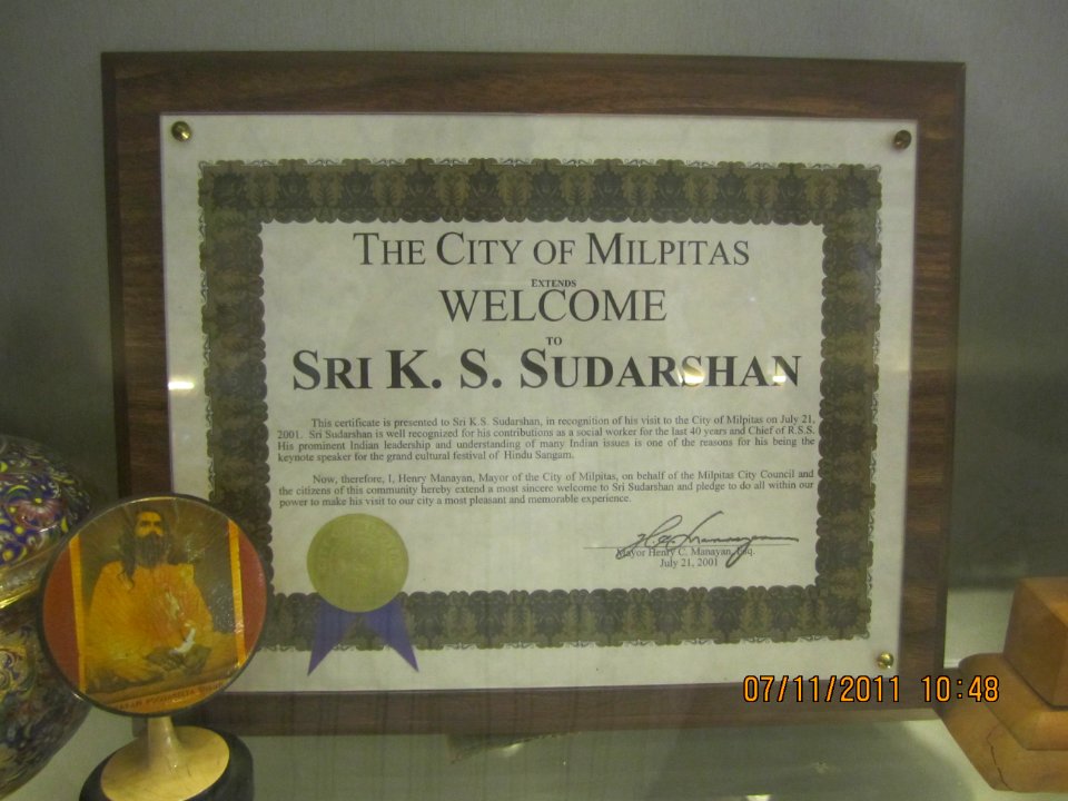 Welcome from City of Milpitas California, USA to K Sudarshan राष्ट्रीय स्वयंसेवक संघ