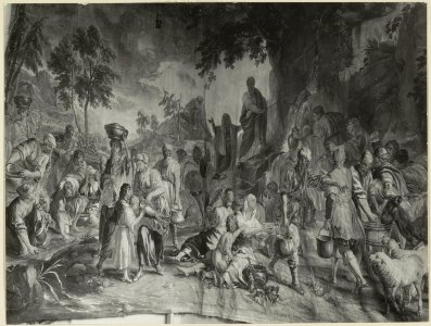 Werkplaats tot herstel van antiek textiel. De restauratie van het laatste wandtapijt uit de Mozes serie voorstellend Mozes slaat water uit de rotsen, kwam op 9 december 1953 gereed. NL-HlmNHA 54004434