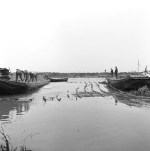 Werkzaamheden, water, arbeiders, draglines, bulldozers, Bestanddeelnr 253-7584