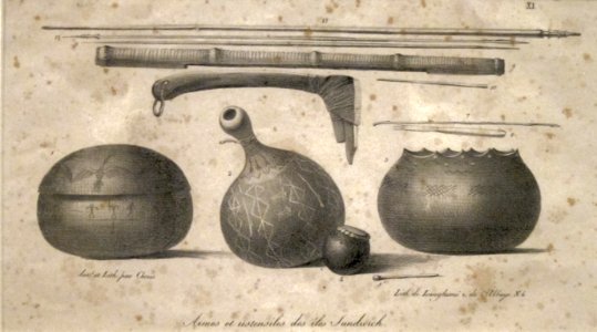 Weapons and Utensils from the Sandwich Islands, lithograph by Louis Choris