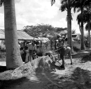 Wegwerkers aan het werk in de buurt van de leprozerie Bethesda in Suriname, Bestanddeelnr 252-6242