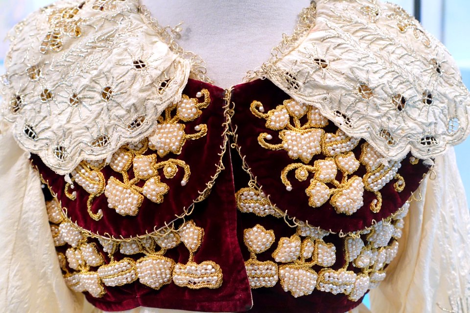Wedding dress, Kruja, Albania, 1930s, view 2, cotton batiste, velvet, silver threads, pearls, sequins, from the Museum Europaischer Kulturen - Ethnological Museum, Berlin - DSC01138