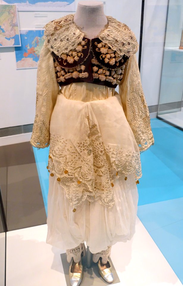 Wedding dress, Kruja, Albania, 1930s, view 1, cotton batiste, velvet, silver threads, pearls, sequins, from the Museum Europaischer Kulturen - Ethnological Museum, Berlin - DSC01136