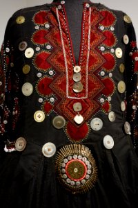 Wedding dress (jumlo), Indus Kohistan, Northwest Frontier Province, Pakistan, view 2, mid 20th century, cotton, metal and glass beads, plastic buttons