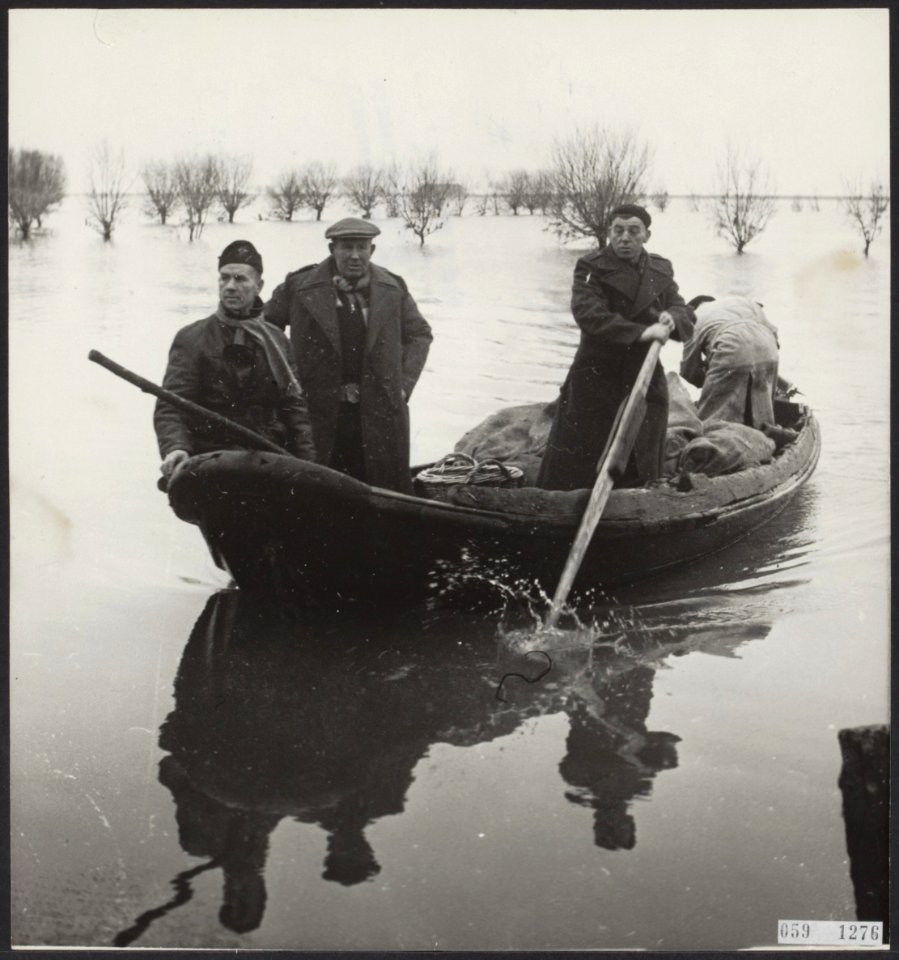 Watersnood 1953 Evacuees worden per roeiboot uit Tholen in Halsteren binnengebr, Bestanddeelnr 059-1276