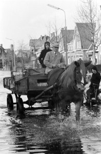 Wateroverlast in Nijkerk, melkboer bedient klanten, Bestanddeelnr 911-8463