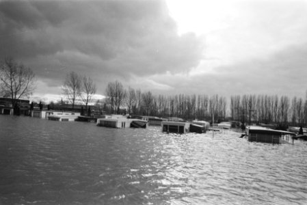 Wateroverlast langs de Maas onder water staande caravans, Bestanddeelnr 932-8659
