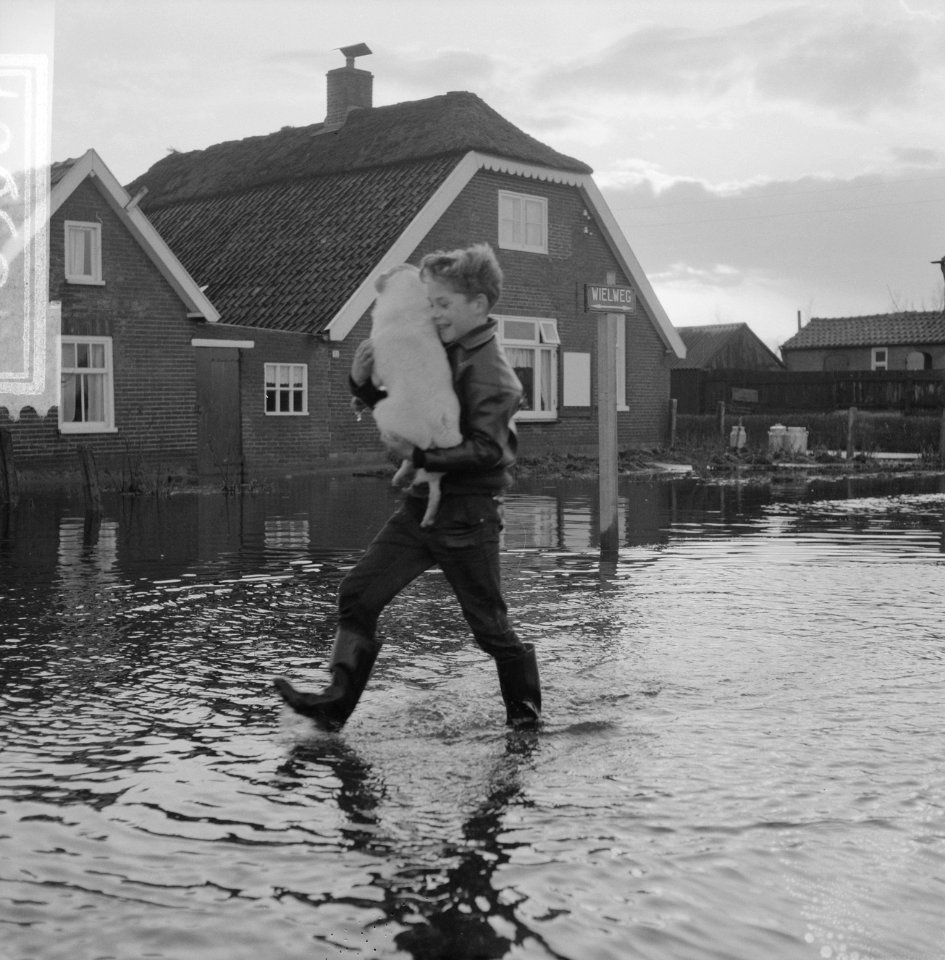 Wateroverlast in de Gelderse Vallei jongen die door het water loopt met zijn h…, Bestanddeelnr 918-5507