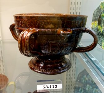 Whistle cup, South Wiltshire, England, probably Salisbury area, 1755, lead-glazed earthenware, HD 53.113 - Flynt Center of Early New England Life - Deerfield, Massachusetts - DSC04432