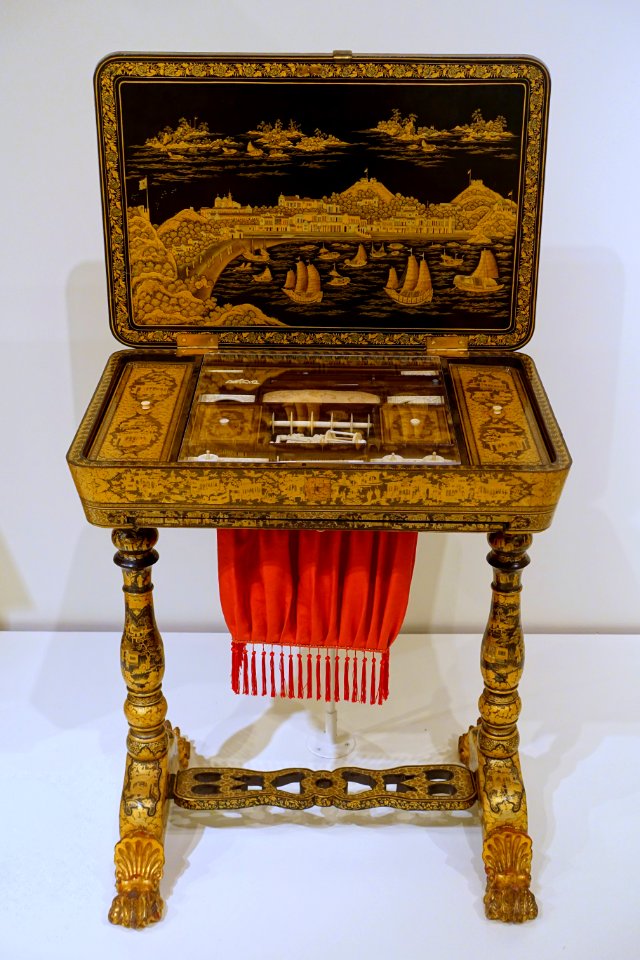 Wetmore sewing table with image of Macao, China, 1830-1840, lacquer, wood - Peabody Essex Museum - DSC07330