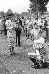Werkbezoek koningin Beatrix aan Noord Limburg, een in middeleeuwse kledij gestok, Bestanddeelnr 933-0540