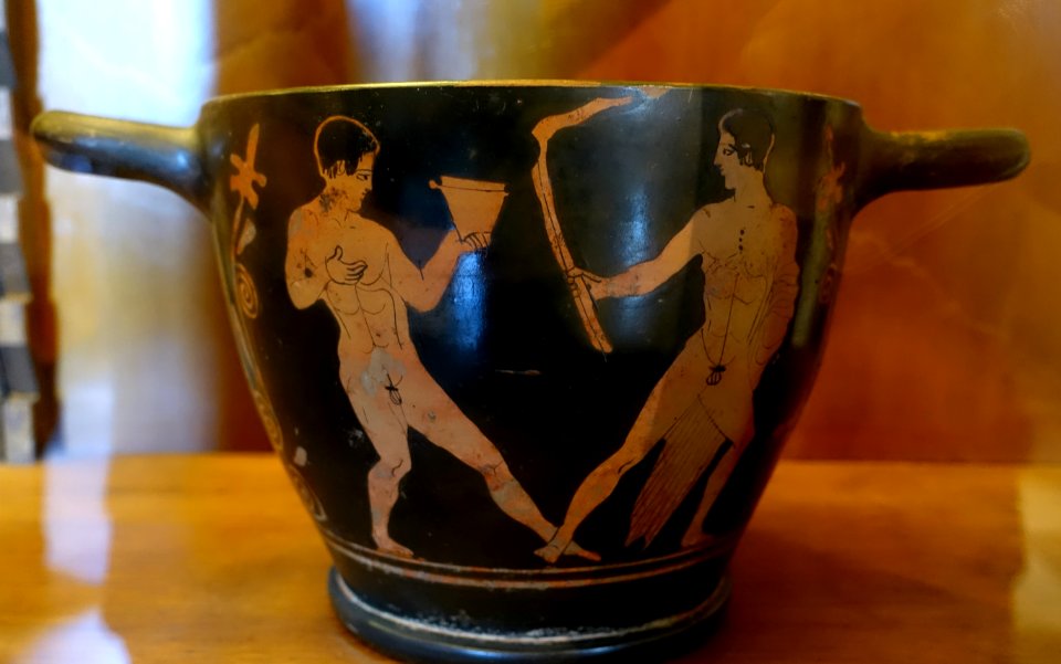 Youths with phiale and torch, inv. 103, skyphos, Egg and Wave group, 360-350 BC, ceramic - Musei Capitolini - Rome, Italy - DSC05905
