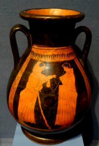Youths Exchanging Money, pelike, by the Leningrad Painter, Attic Greek, c. 470 BC, painted terracotta, red-figure technique - Portland Art Museum - Portland, Oregon - DSC08972