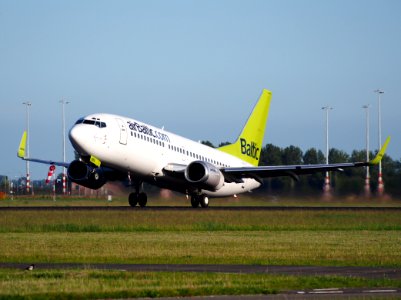 YL-BBX Air Baltic Boeing 737-36Q(WL) takeoff from Schiphol (AMS - EHAM), The Netherlands, 11june2014, pic-1