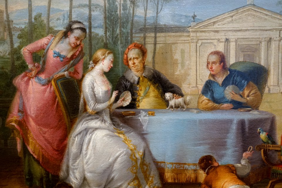 Young Noble Couple Playing Cards on a Terrace with Attendants, by Francesco Zugno, c. 1750-1755, oil on canvas, detail - Blanton Museum of Art - Austin, Texas - DSC08038
