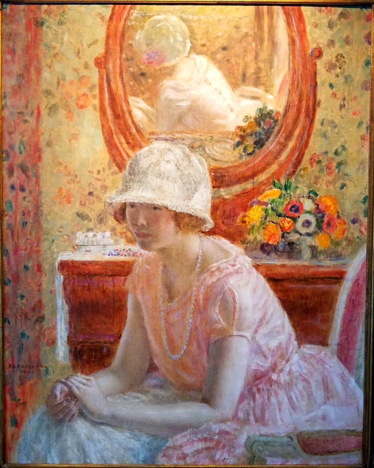 Young Girl Before a Mirror in a Pink Dress, by Frederick C. Frieseke, 1923, oil on canvas - Hyde Collection - Glens Falls, NY - 20180224 121821