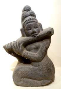 Young girl playing the flute, Champa sculpture, 9th-10th century AD, stone - Vietnam National Museum of Fine Arts - Hanoi, Vietnam - DSC04793