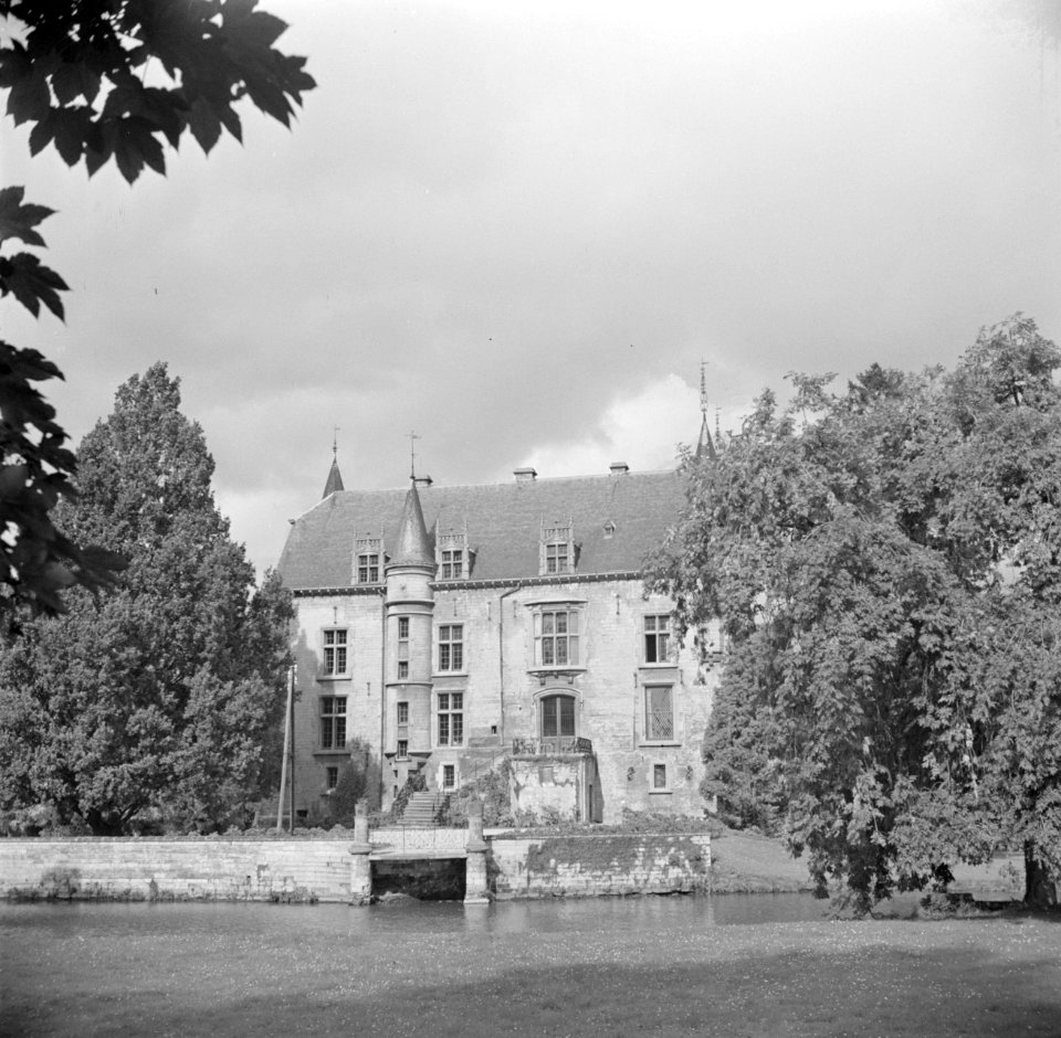 Zicht op een gevel van het kasteel en de gracht van kasteel Schaloen in Oud-Valk, Bestanddeelnr 252-0215