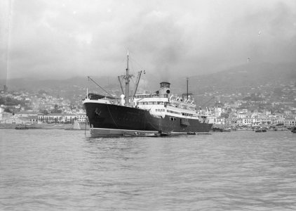 Zijaanzicht van Portugees passagierschip, met rokende schoorsteen, in de haven v, Bestanddeelnr 190-0590