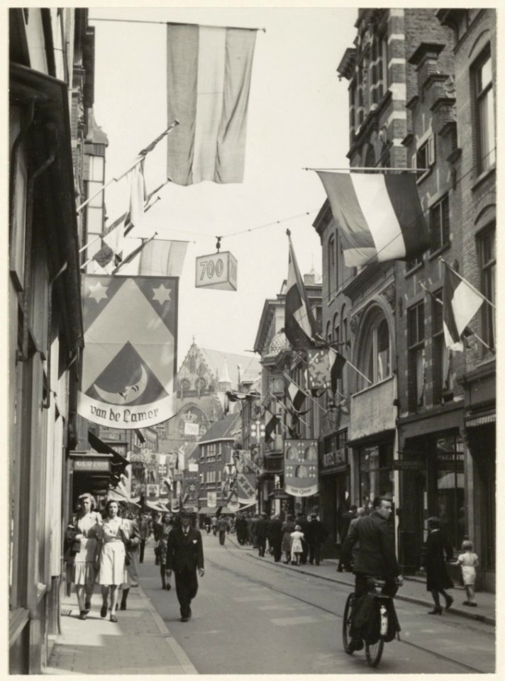 Zevenhonderd jaar bestaan van Haarlem. Versierde Grote Houtstraat nabij Verwulft ziende naar het noorden. NL-HlmNHA 54004721