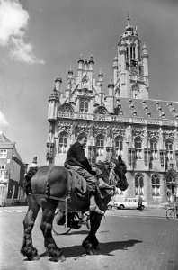 Zeeuws paard met berijder loopt langs het stadhuis, Bestanddeelnr 920-3962
