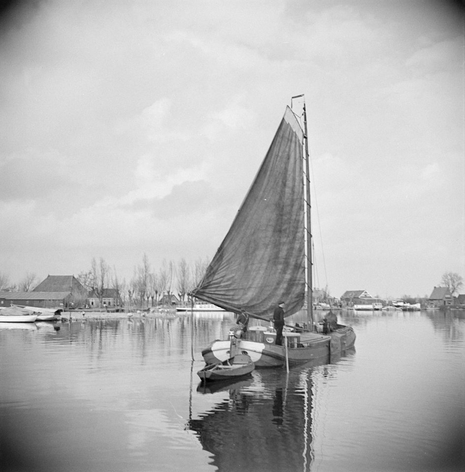 Zeilboot op het Pikmeer bij Grouw op de achtergrond boerderijen, Bestanddeelnr 191-0677