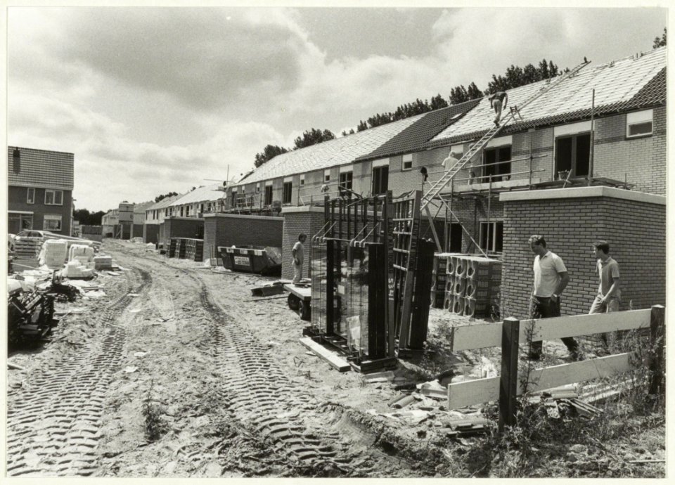 Woningbouw op het voormalige DIO-terrein, direct langs de Europaweg. Op de voorgrond de enige 8 koopwoningen, met grasdak. NL-HlmNHA 54031634