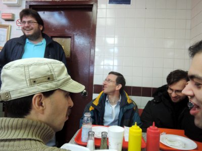 WMNYC chapter gab at Jimbo's 6 Av 124 St after Harlem Editathon NYPL jeh