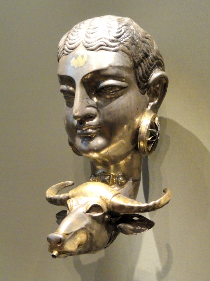 Woman and Water Buffalo Rhyton, about 600-700 AD, Sasanian, possibly Iran, silver with mercury gilding and glass inlays - Cleveland Museum of Art - DSC08125
