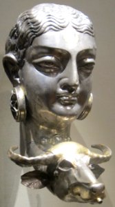 Woman and water buffalo rhyton, c. 600-700 CE, silver, Sasanian, Cleveland Museum of Art