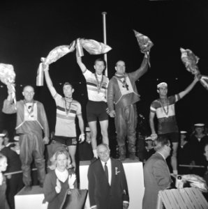 WK Wielrennen op de baan finale prof stayers. Op podium de Loof (2), Proost (1),, Bestanddeelnr 920-6489