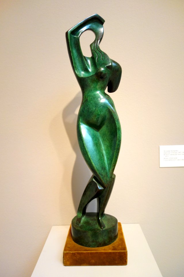 Woman Combing Her Hair by Alexander Archipenko, 1915, bronze, velvet, wood - Chazen Museum of Art - DSC01882