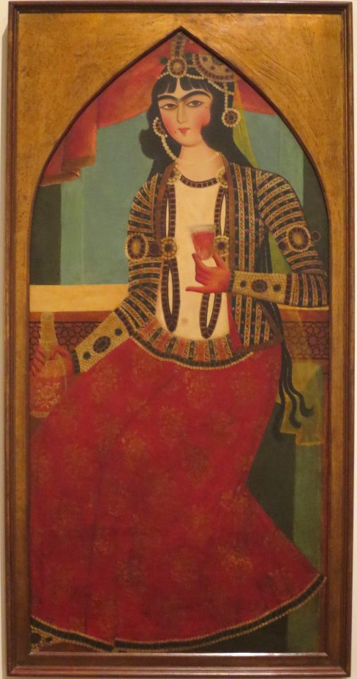 Woman Holding a Decanter and Wine Glass, early 19th century, Iran
