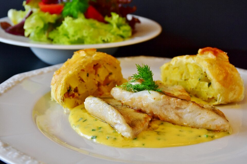 Fish fillet potato strudel potato