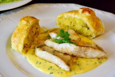 Fish fillet potato strudel potato photo