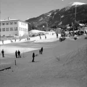 Wintersporters bij de sleeplift, op de achtergrond de Patscherkofel, Bestanddeelnr 254-4336