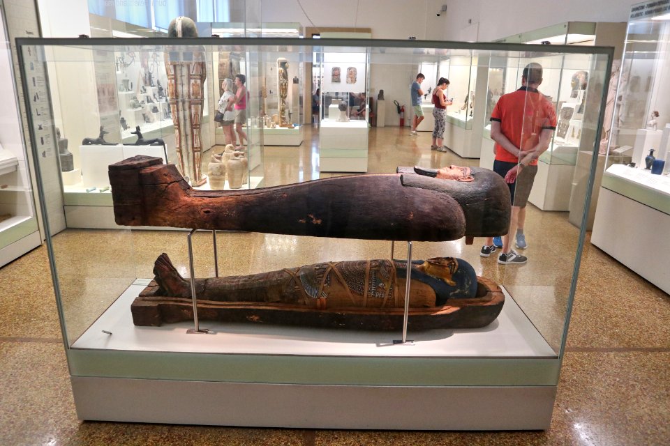 Wooden sarcophagus with the mummy of Hapi at the National Archaeological Museum of Athens on 27 April 2018
