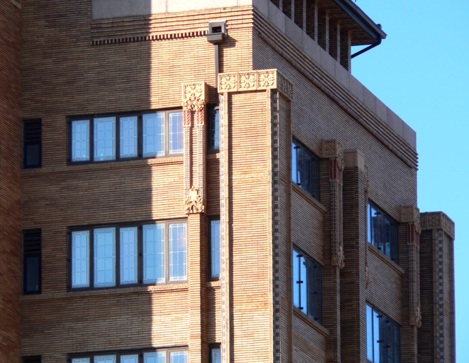 Woodbury County Courthouse tower detail from NE