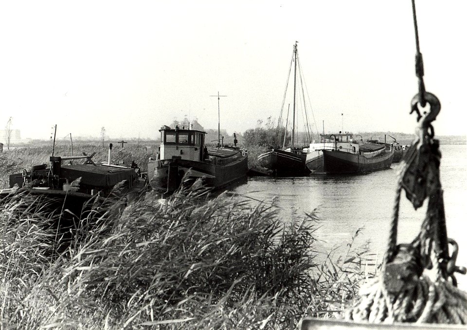 Woonschepen aan het schiereilandje De Laars op de Mooie Nel. Aangekocht in 1983 van fotograaf C. de Boer. Negatiefnummer 18561 K 9-9a. - Gepubliceerd in het Haarlems Dagblad van 27.01.1982, NL-HlmNHA 1478 25900 K 38