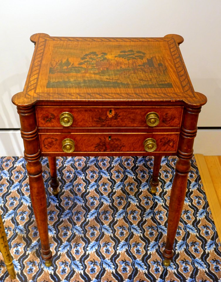 Work table, decoration by Mary L. Poor, North Shore MA, 1820-1821, maple, birch, paint, brass - Peabody Essex Museum - DSC06878