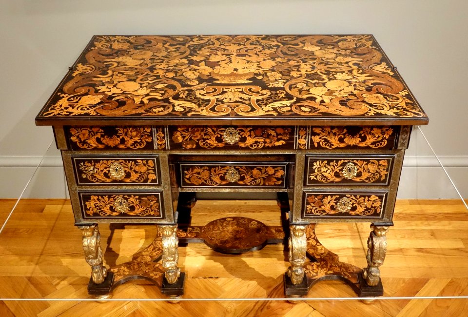 Writing desk, Pierre Gole, Paris, c. 1680, ebony, rosewood, fruitwoods, gilt wood, pewter, brass - California Palace of the Legion of Honor - DSC07729